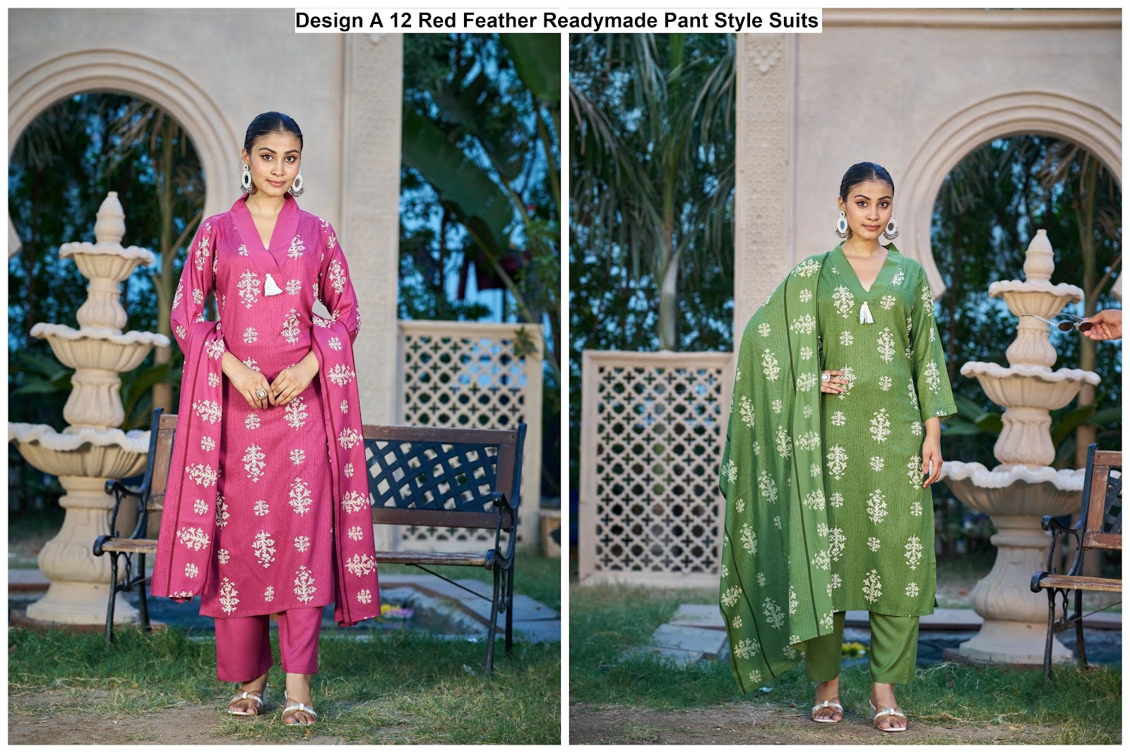 Design A 12 Red Feather Viscose Rayon Readymade Pant Style Suits Supplier India