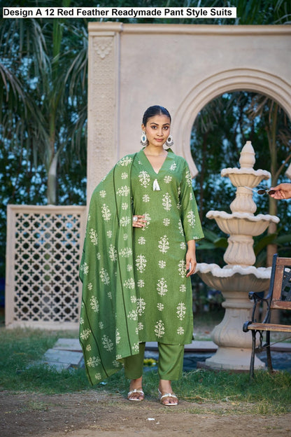 Design A 12 Red Feather Viscose Rayon Readymade Pant Style Suits Supplier India