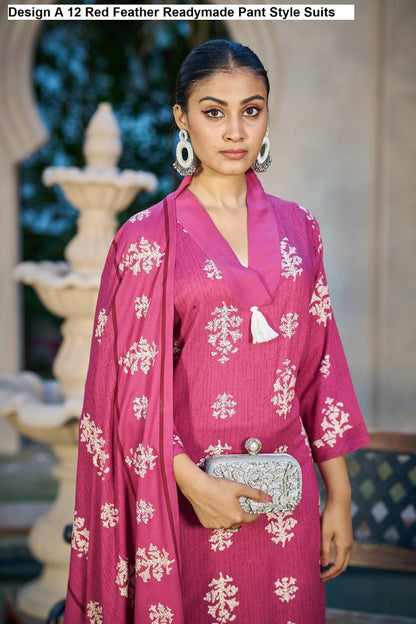 Design A 12 Red Feather Viscose Rayon Readymade Pant Style Suits Supplier India