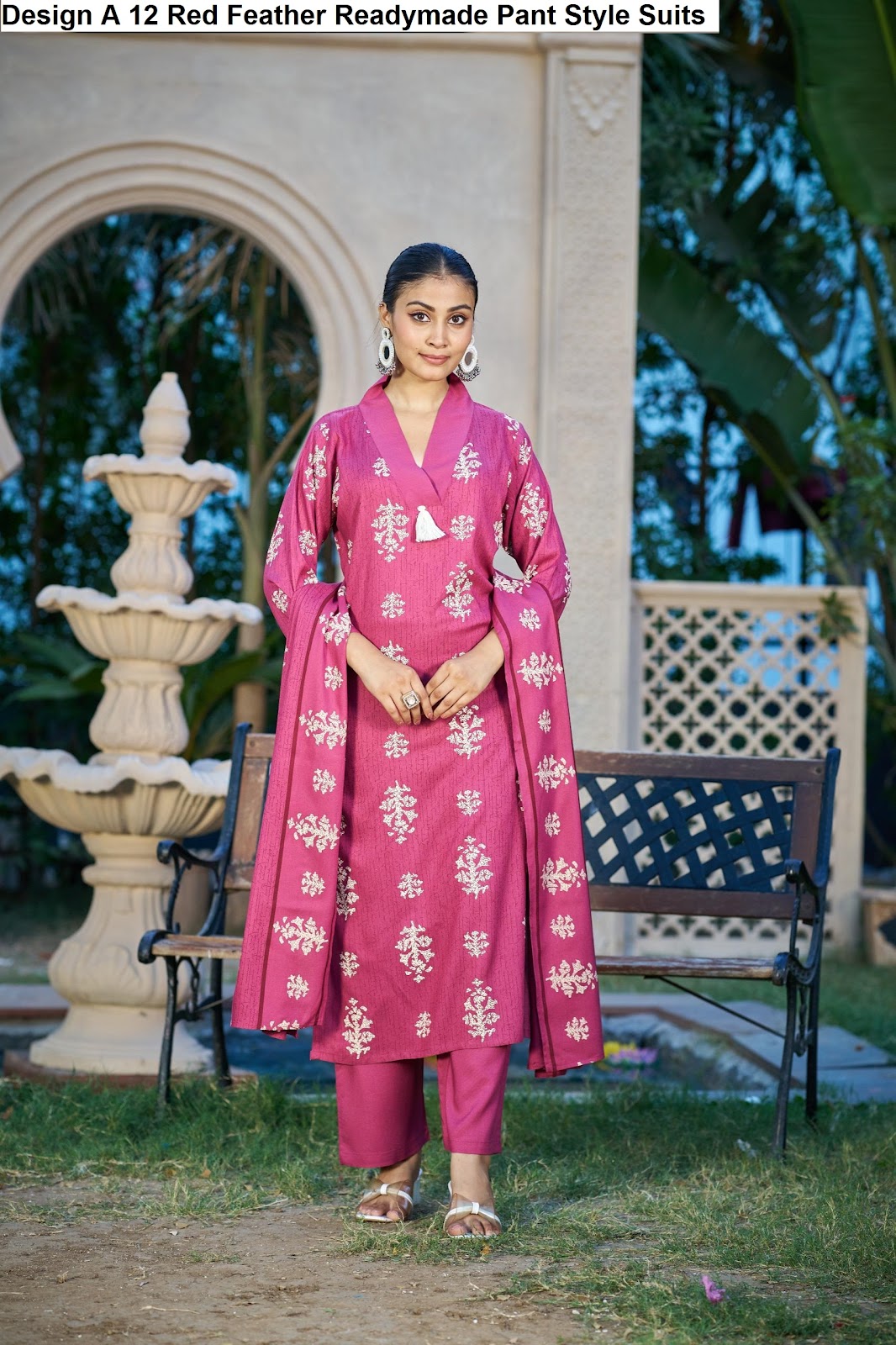 Design A 12 Red Feather Viscose Rayon Readymade Pant Style Suits Supplier India
