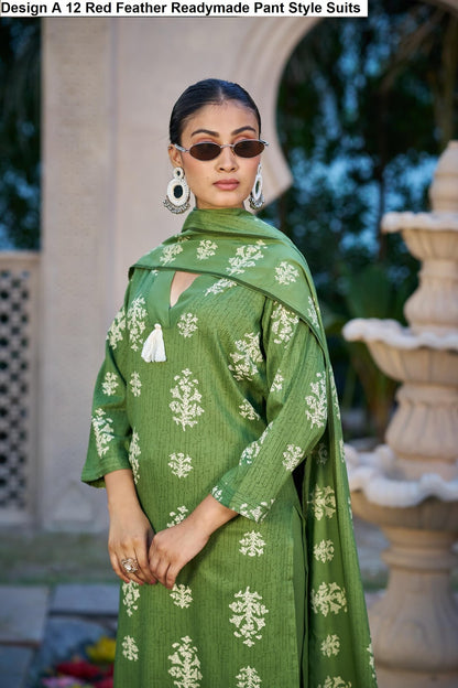 Design A 12 Red Feather Viscose Rayon Readymade Pant Style Suits Supplier India