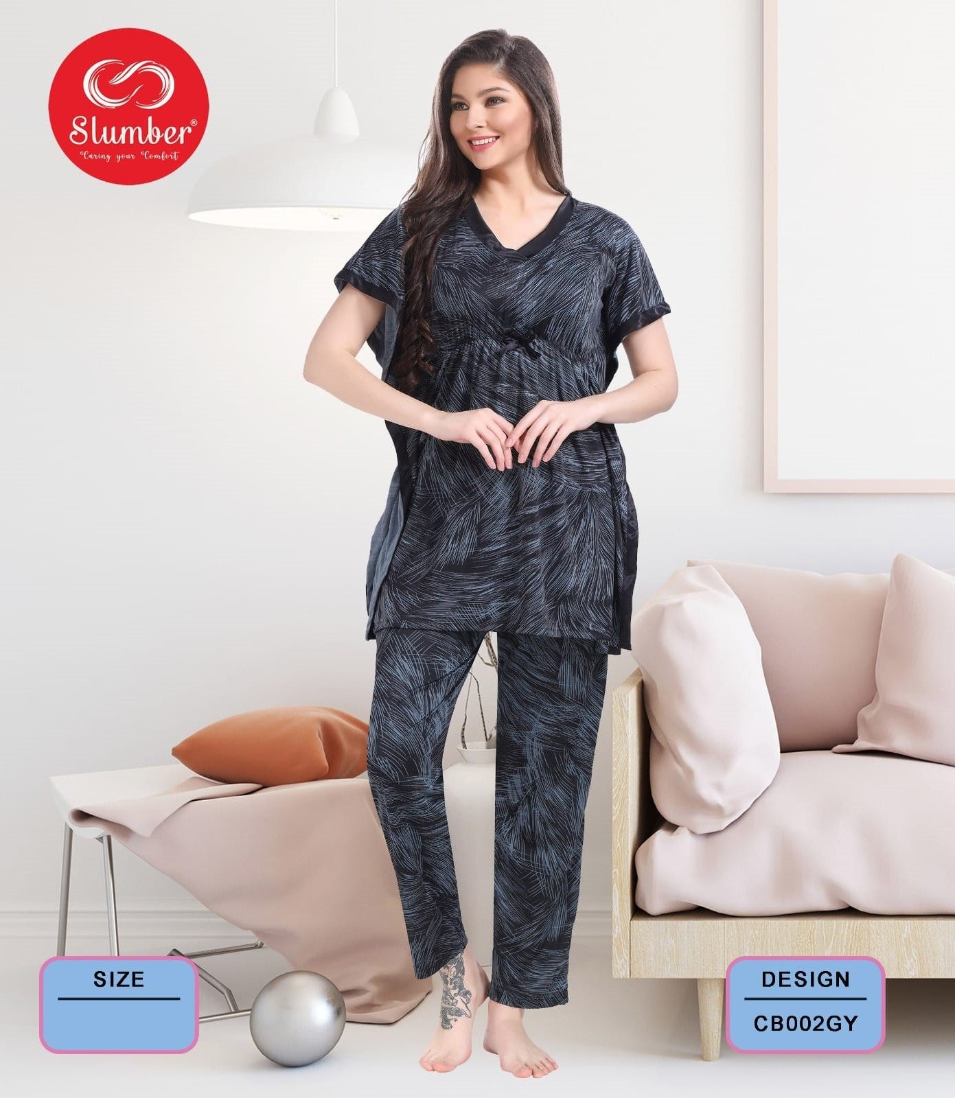 डिज़ाइन Cb001 स्लंबर साटन कफ्तान नाइट सूट निर्माता गुजरात