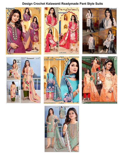Design Crochet Kalawanti Muslin Readymade Pant Style Suits Wholesaler Ahmedabad
