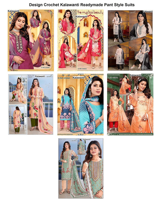 Design Crochet Kalawanti Muslin Readymade Pant Style Suits Wholesaler Ahmedabad