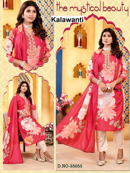 Design Crochet Kalawanti Muslin Readymade Pant Style Suits Wholesaler Ahmedabad