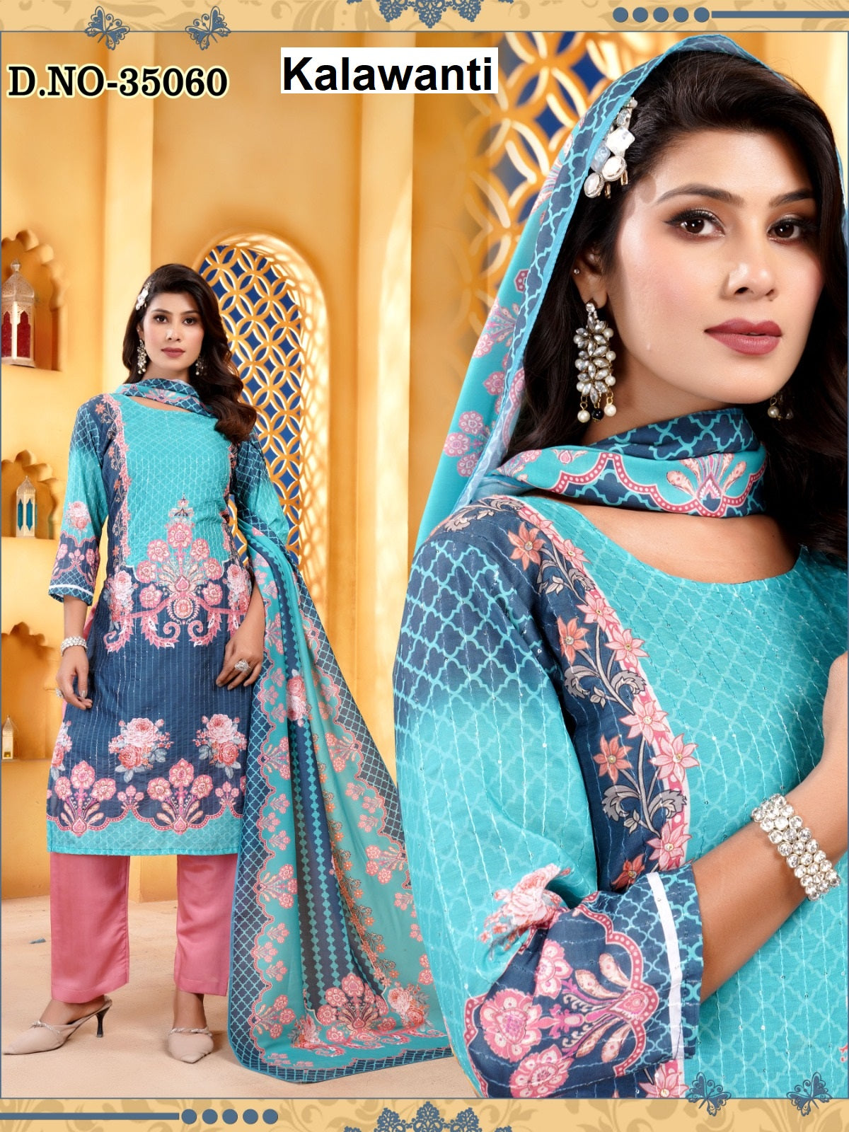 Design Crochet Kalawanti Muslin Readymade Pant Style Suits Wholesaler Ahmedabad