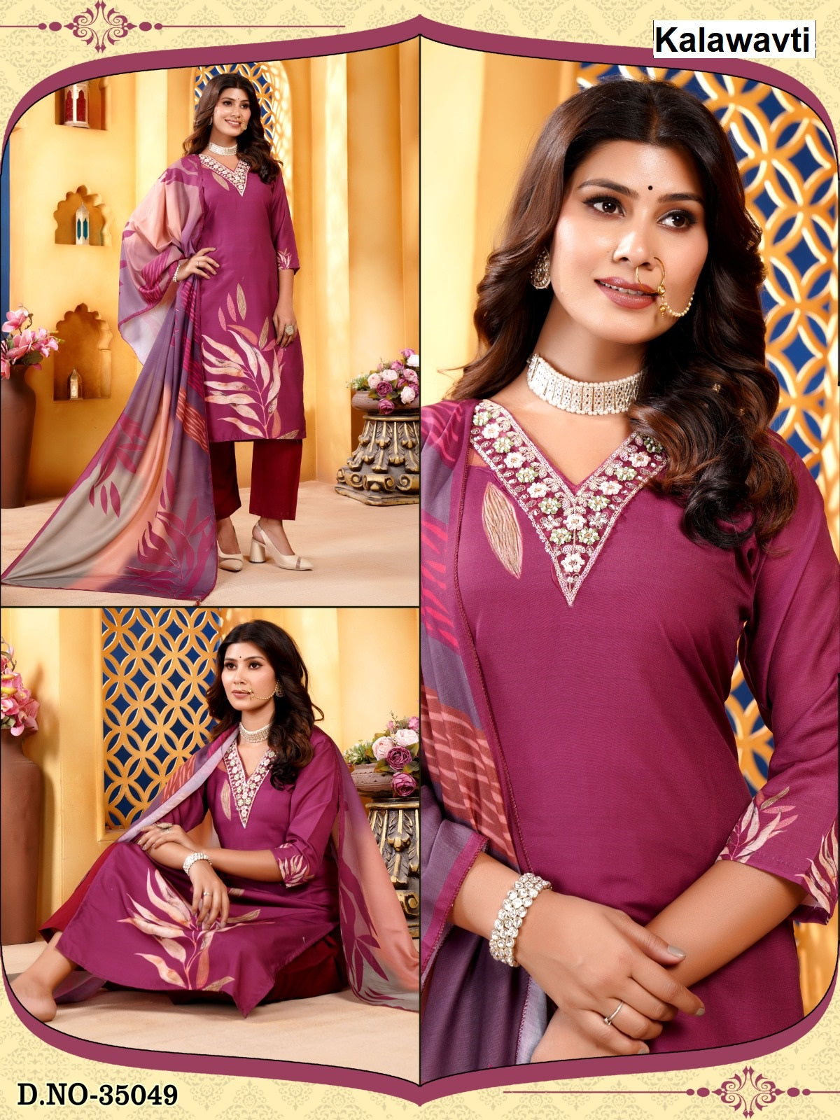 Design Digital Print Kalawavti Muslin Silk Readymade Pant Style Suits Supplier Ahmedabad