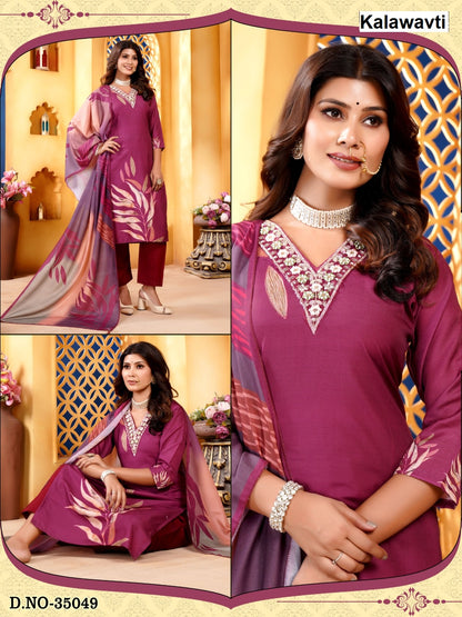 Design Digital Print Kalawavti Muslin Silk Readymade Pant Style Suits Supplier Ahmedabad