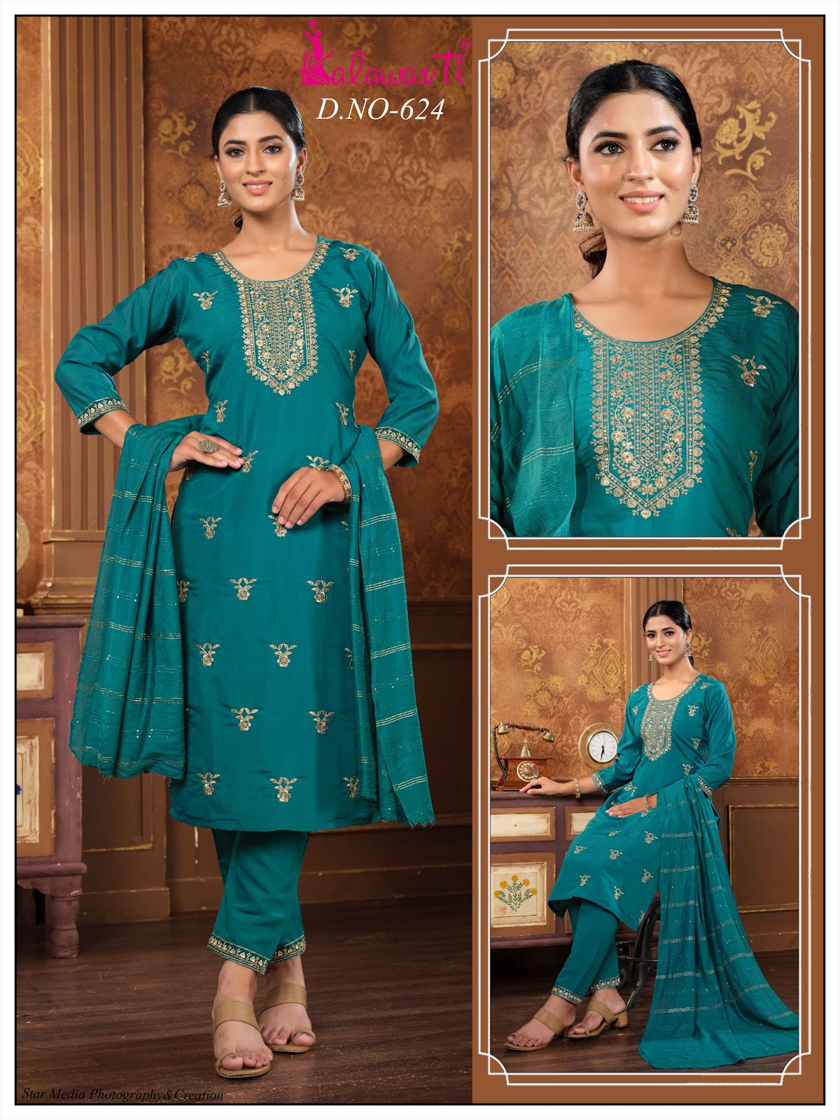 Design Neck Work Kalawavti Roman Silk Readymade Pant Style Suits Manufacturer Ahmedabad