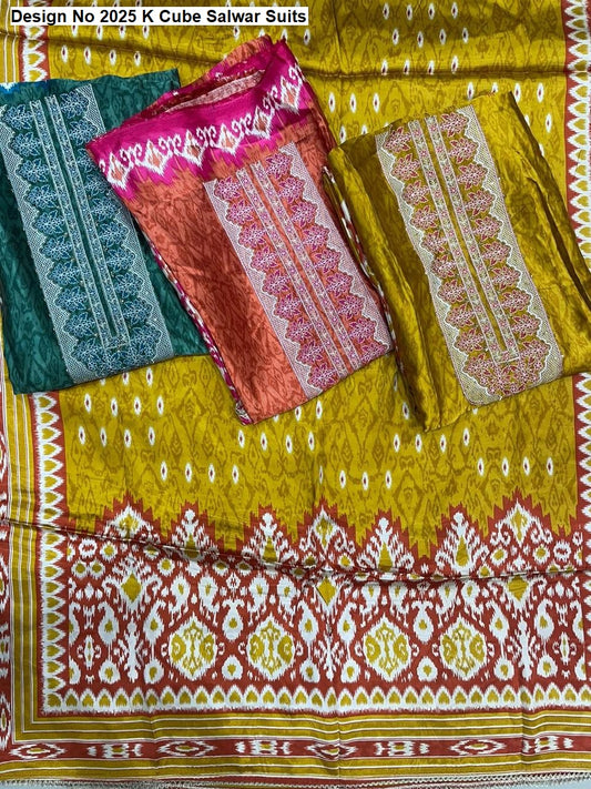 Design No 2025 K Cube Gaji Silk Salwar Suits Wholesaler India