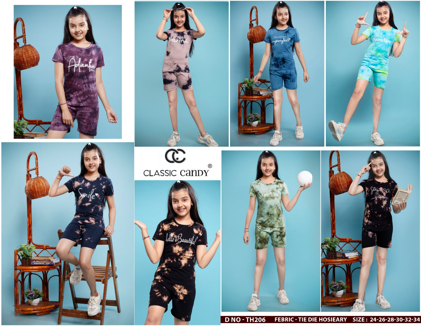 Design Th206 Classic Candy Tie Dye Girls Shorts Set Wholesale