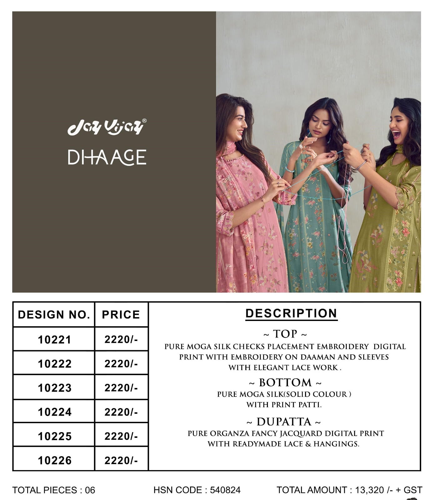 Dhaage Jay Vijay Moga Silk Pant Style Suits Wholesale