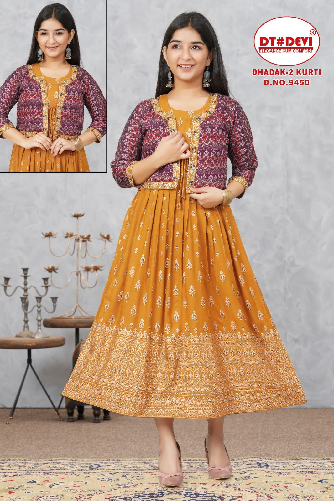 Dhadak 2 Dn 9450 Dt Devi Rayon Girls Kurti Jacket Set Wholesaler India