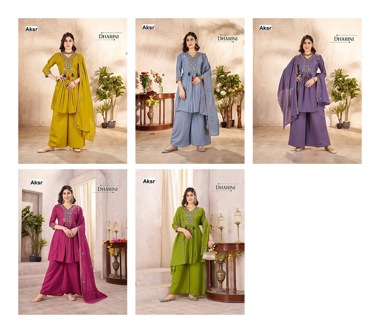 dharini aksr roman silk readymade plazzo style suits manufacturer gujarat