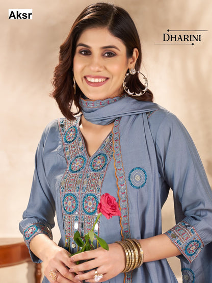 dharini aksr roman silk readymade plazzo style suits manufacturer gujarat
