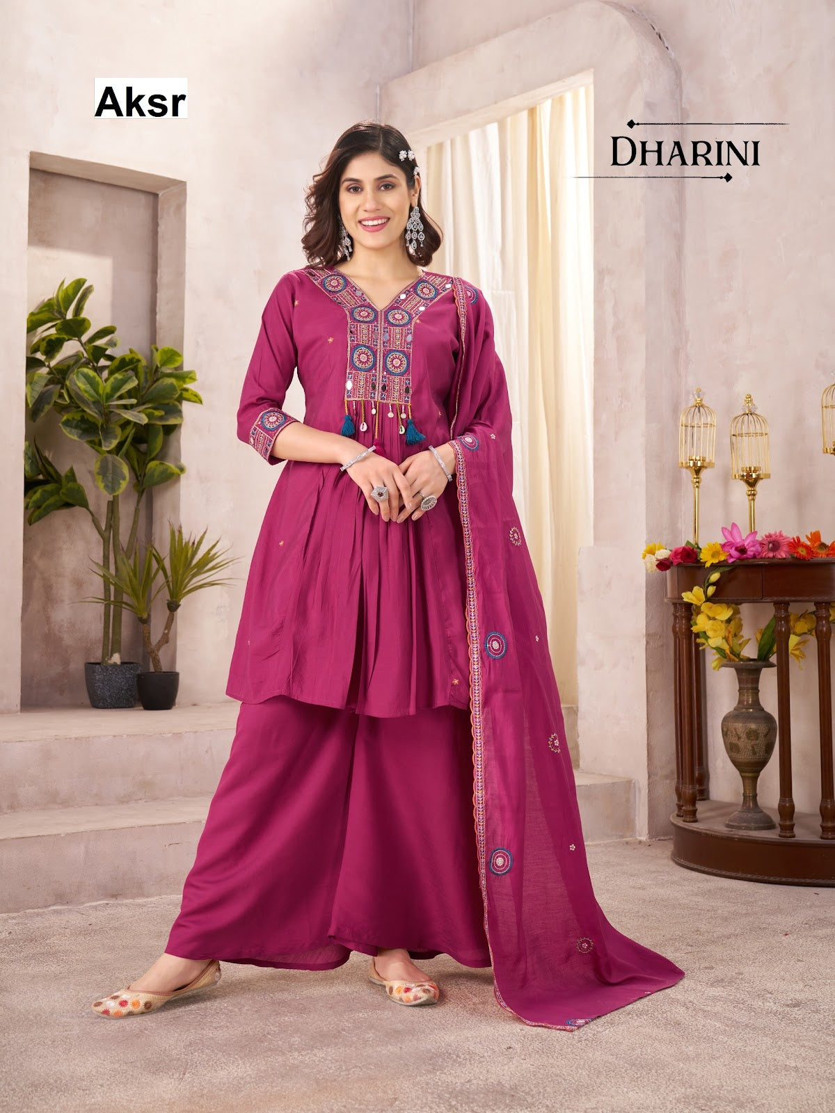 dharini aksr roman silk readymade plazzo style suits manufacturer gujarat