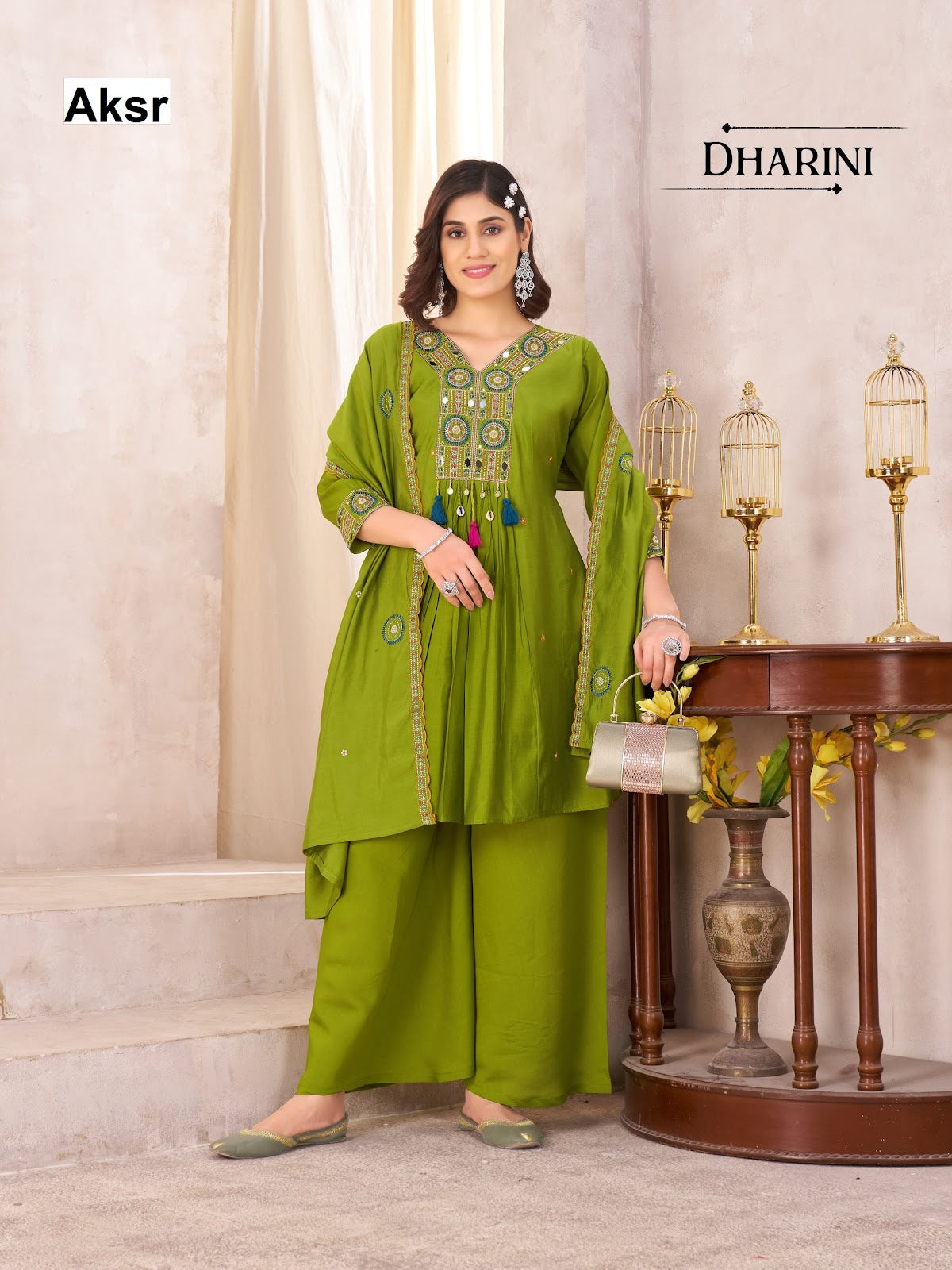 dharini aksr roman silk readymade plazzo style suits manufacturer gujarat
