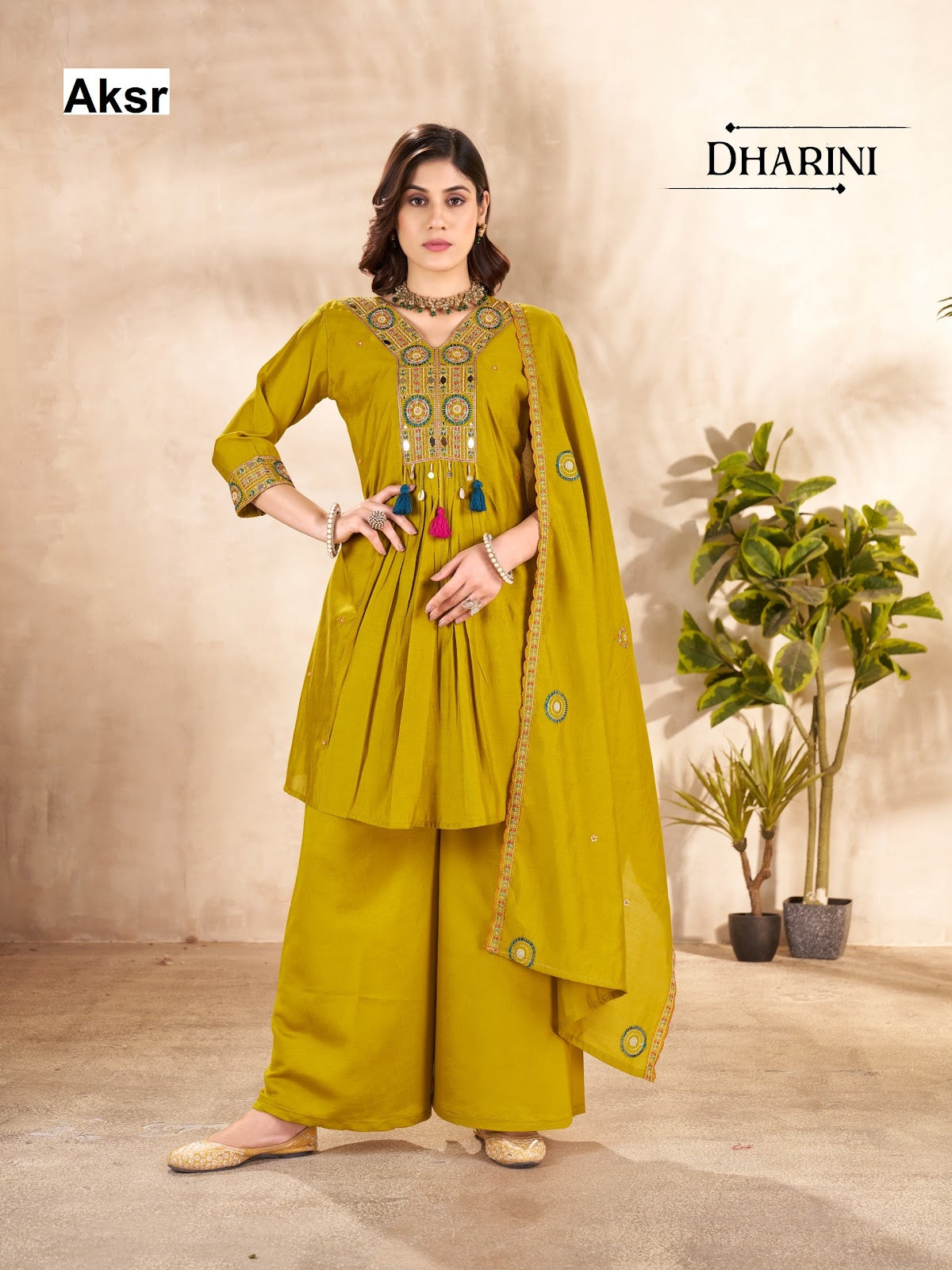 dharini aksr roman silk readymade plazzo style suits manufacturer gujarat