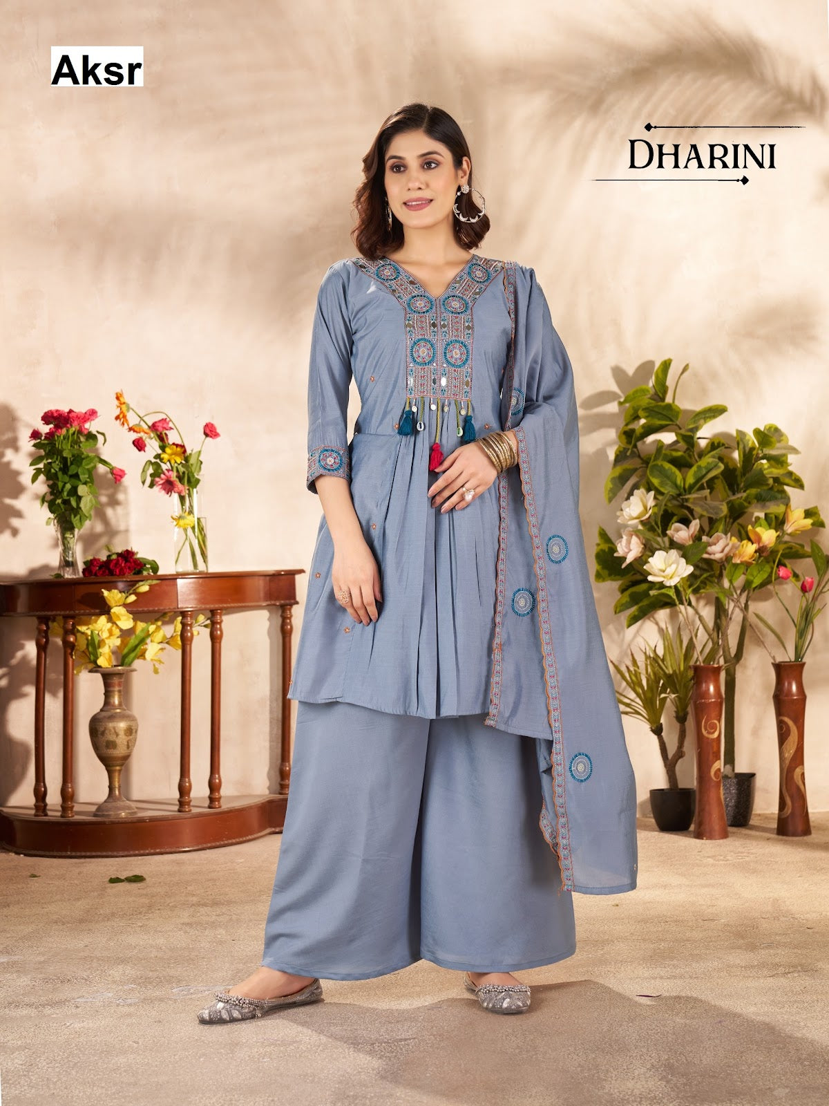dharini aksr roman silk readymade plazzo style suits manufacturer gujarat