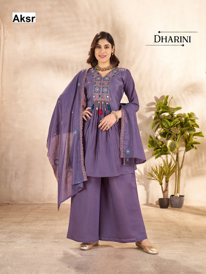 dharini aksr roman silk readymade plazzo style suits manufacturer gujarat