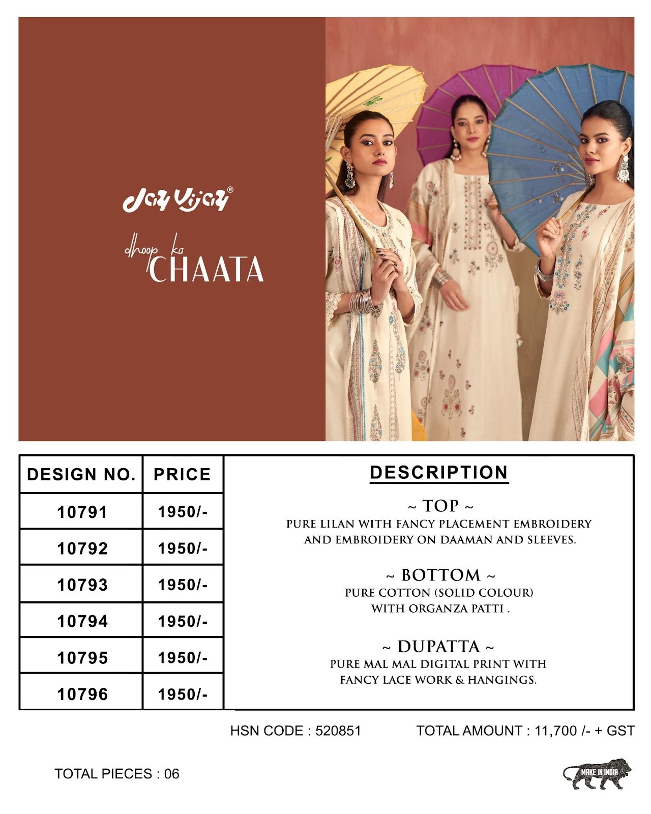Dhoop Ka Chaata Jay Vijay Lilen Pant Style Suits Wholesale Price