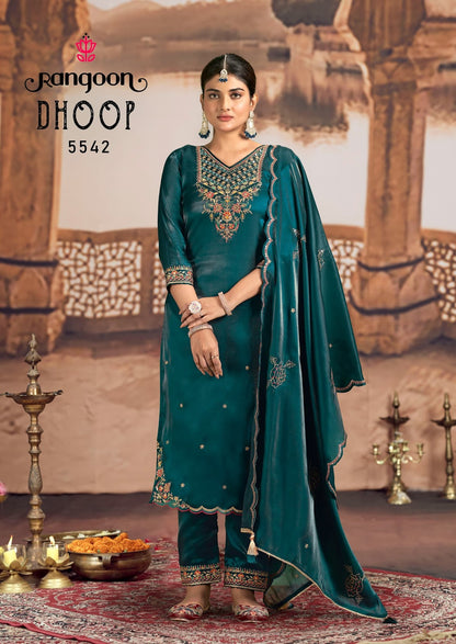 Dhoop Rangoon Satin Crepe Readymade Pant Style Suits Wholesaler Ahmedabad