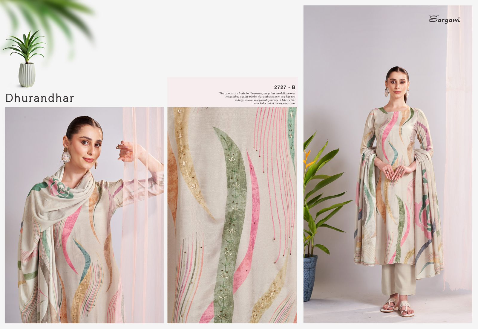 Dhurandhar Sargam Prints Viscose Muslin Pant Style Suits Manufacturer Gujarat