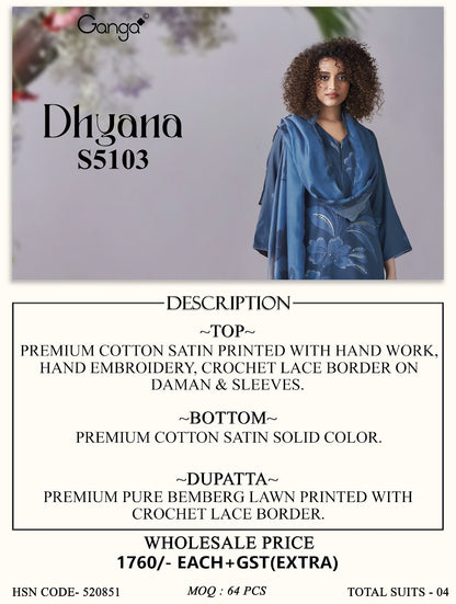 Dhyana S5103 Ganga Cotton Satin Pant Style Suits Supplier