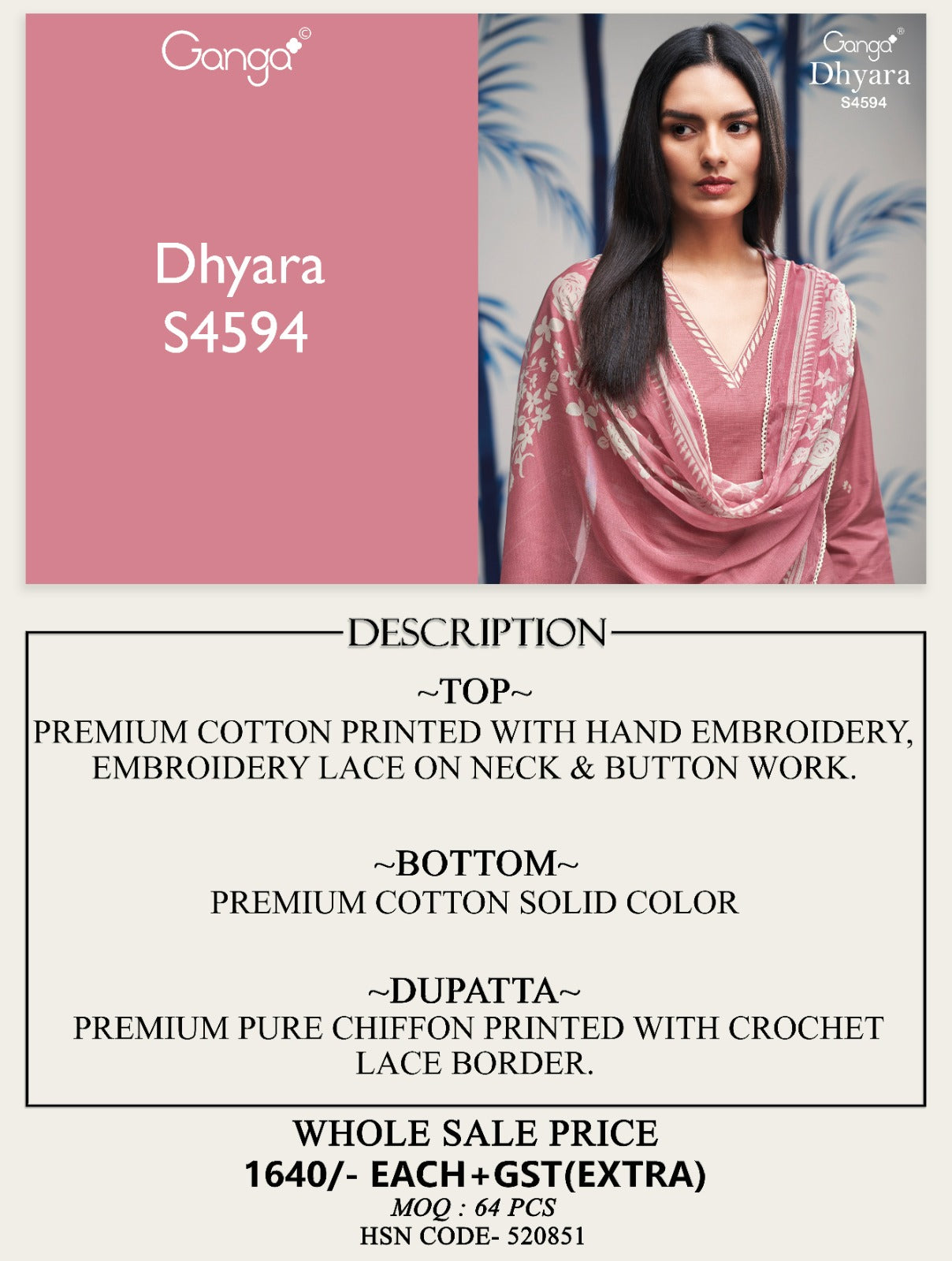 Dhyara S4594 Ganga Cotton Pant Style Suits Wholesale