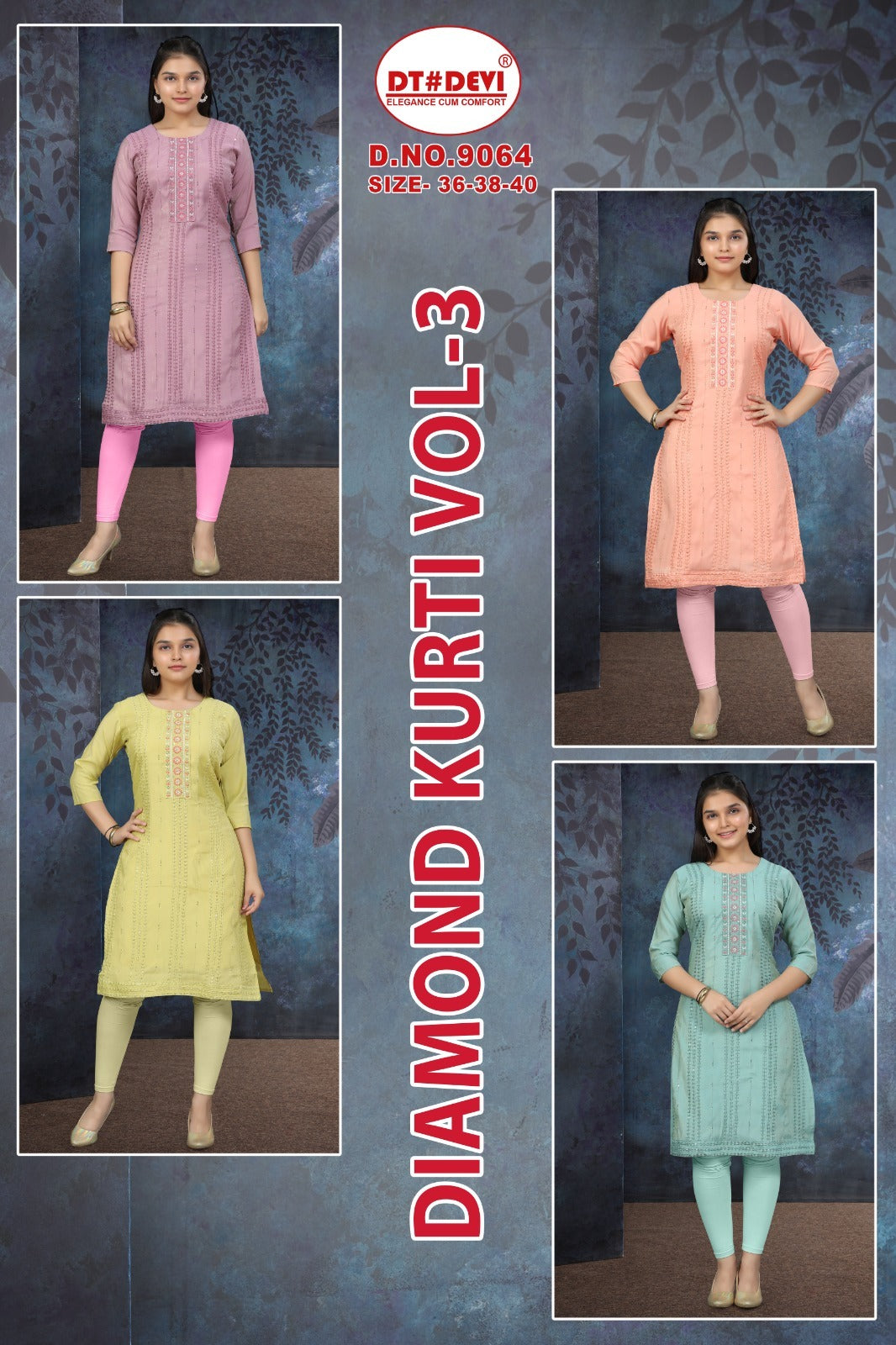 Diamond Vol 3 Dn 9064 Dt Devi Roman Girls Kurti Supplier Ahmedabad
