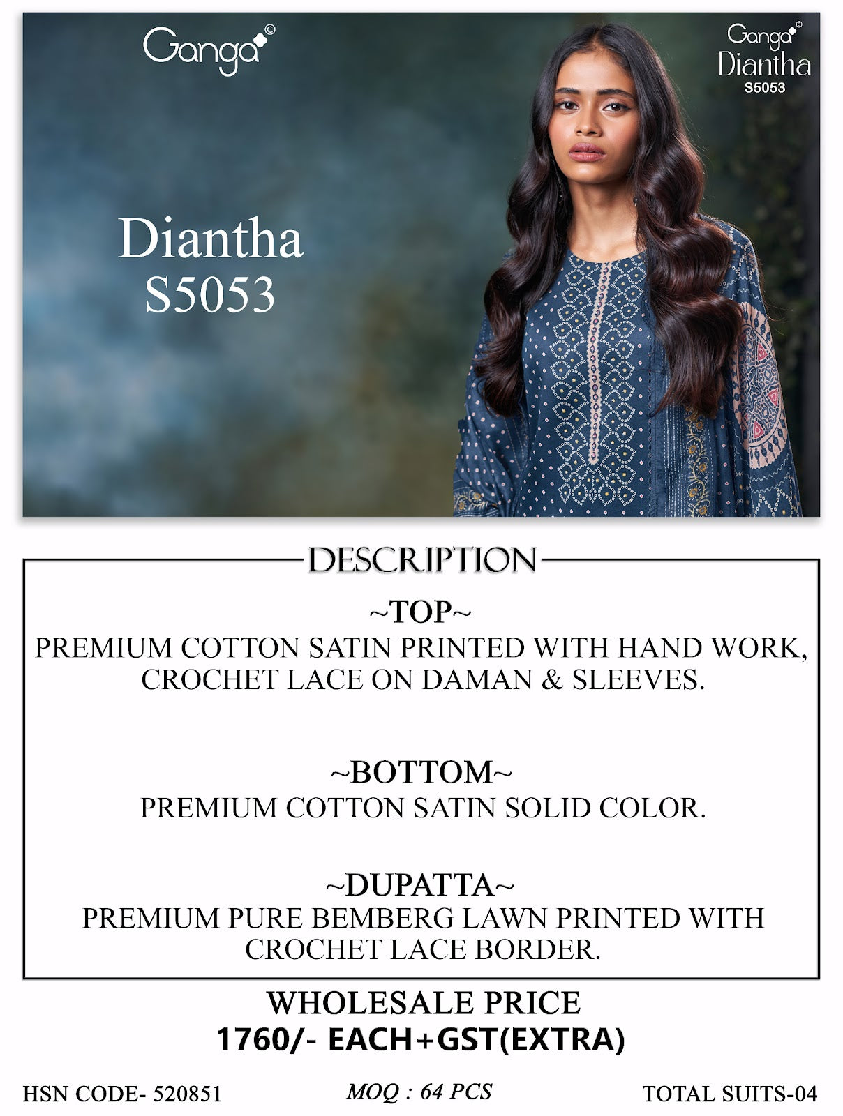 Diantha S5053 Ganga Cotton Satin Plazzo Style Suits Wholesaler India