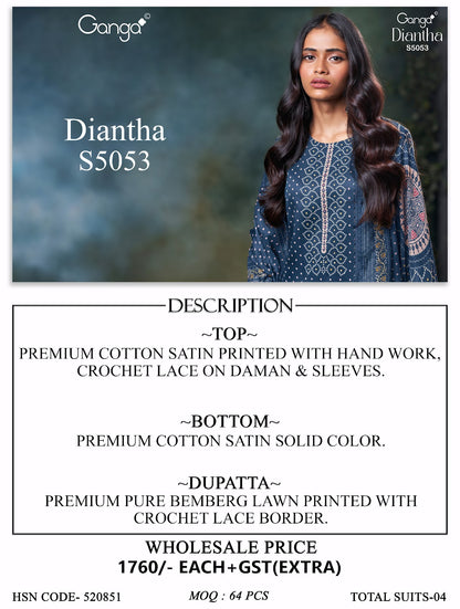 Diantha S5053 Ganga Cotton Satin Plazzo Style Suits Wholesaler India