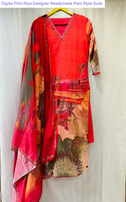 Digital Print Riya Designer Cotton Readymade Pant Style Suits Wholesale
