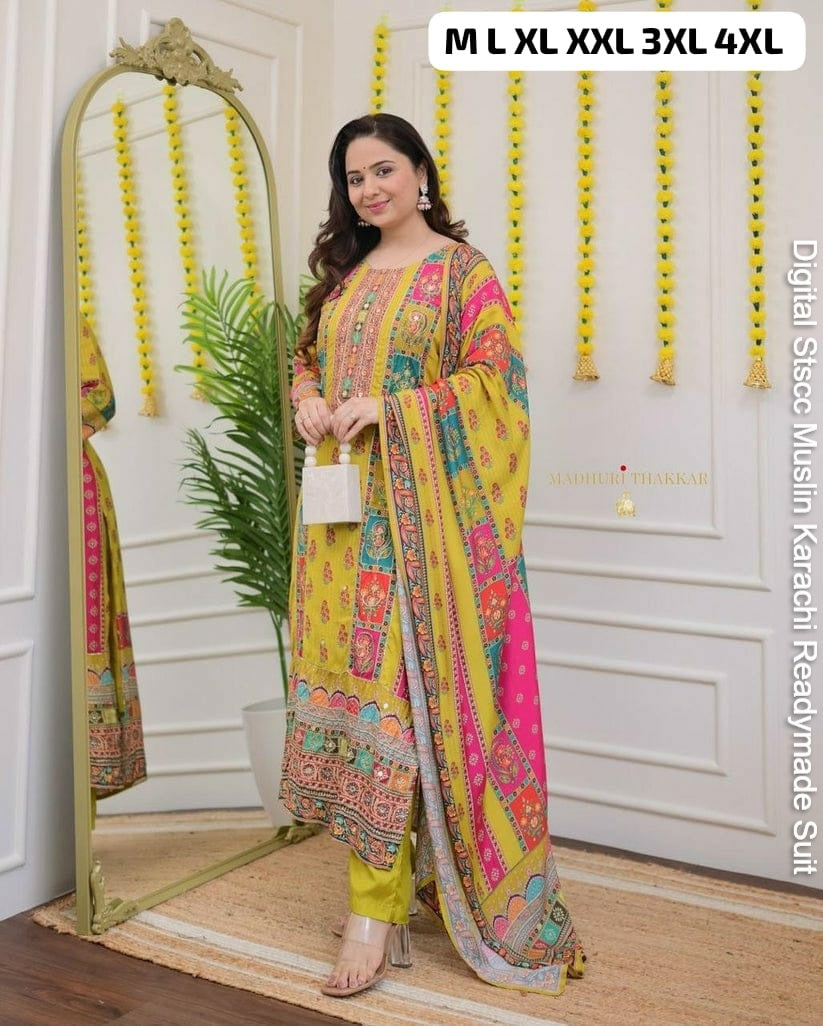 Digital Stscc Pure Muslin Karachi Readymade Suits Wholesaler