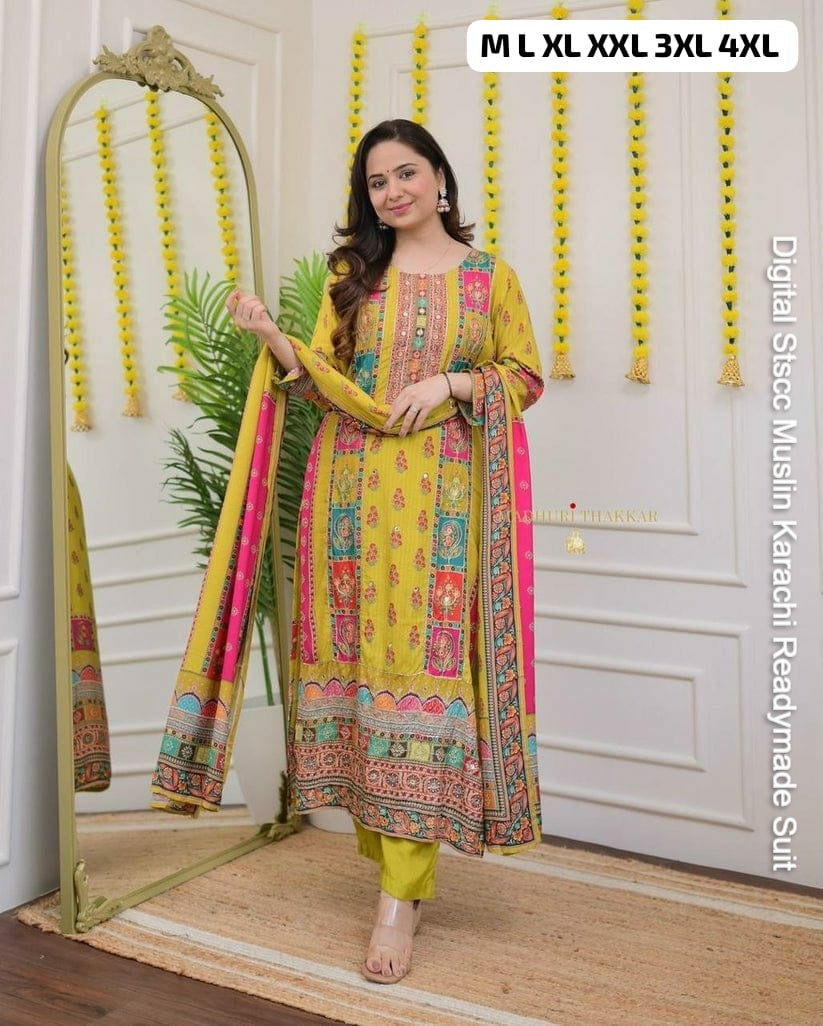 Digital Stscc Pure Muslin Karachi Readymade Suits Wholesaler