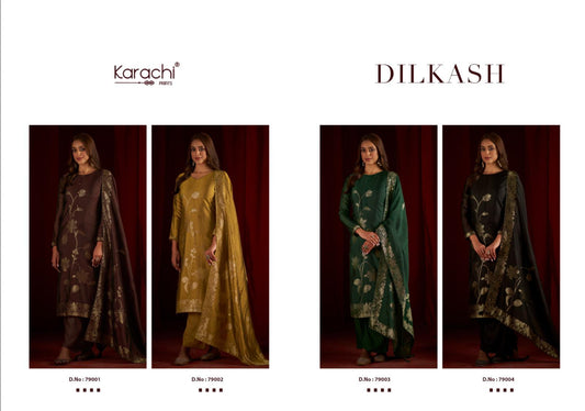 Dilkash Karachi Prints Silk Jacquard Pant Style Suits Supplier Ahmedabad