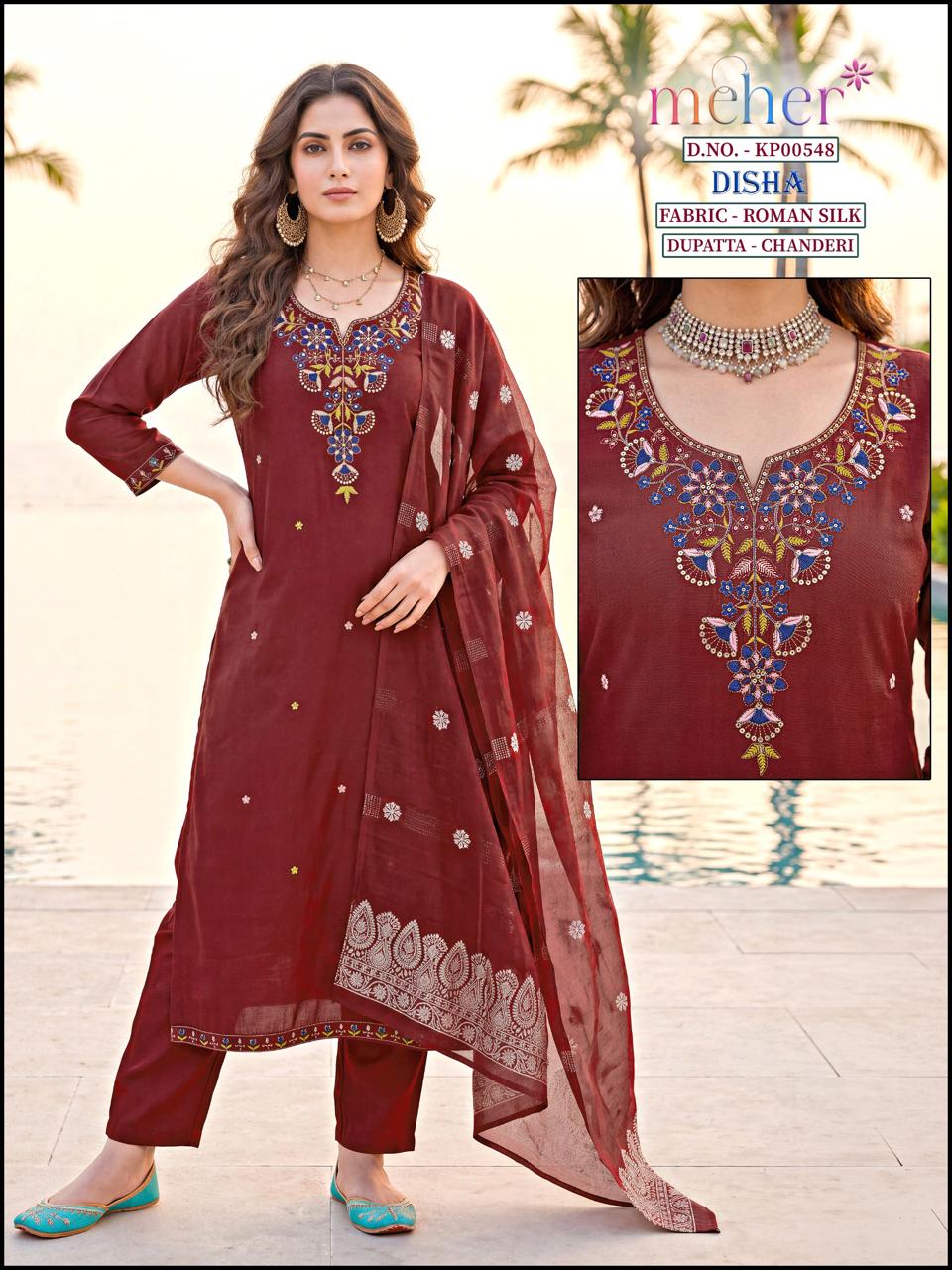 Disha Meher Roman Silk Readymade Pant Style Suits Wholesaler Ahmedabad