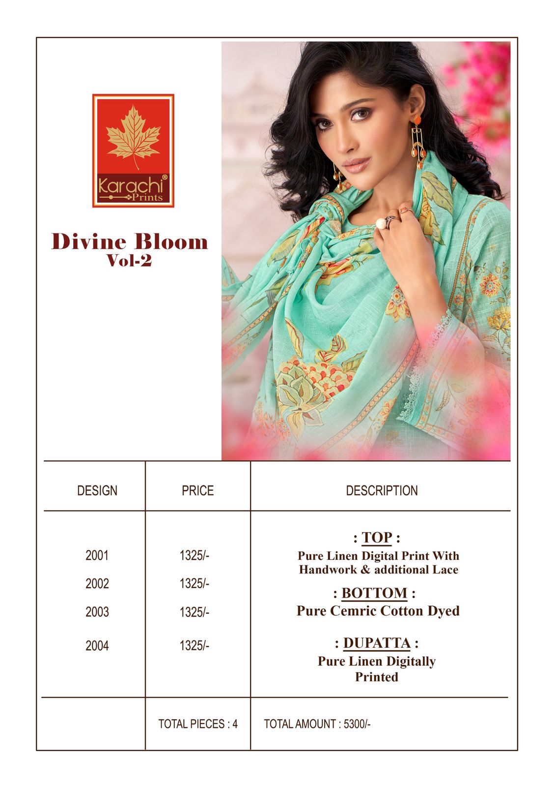 Divine Bloom Vol 2 Karachi Prints Pure Linen Pant Style Suits Manufacturer Ahmedabad