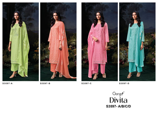 Divita 3597 Ganga Premium Cotton Pant Style Suits Manufacturer India