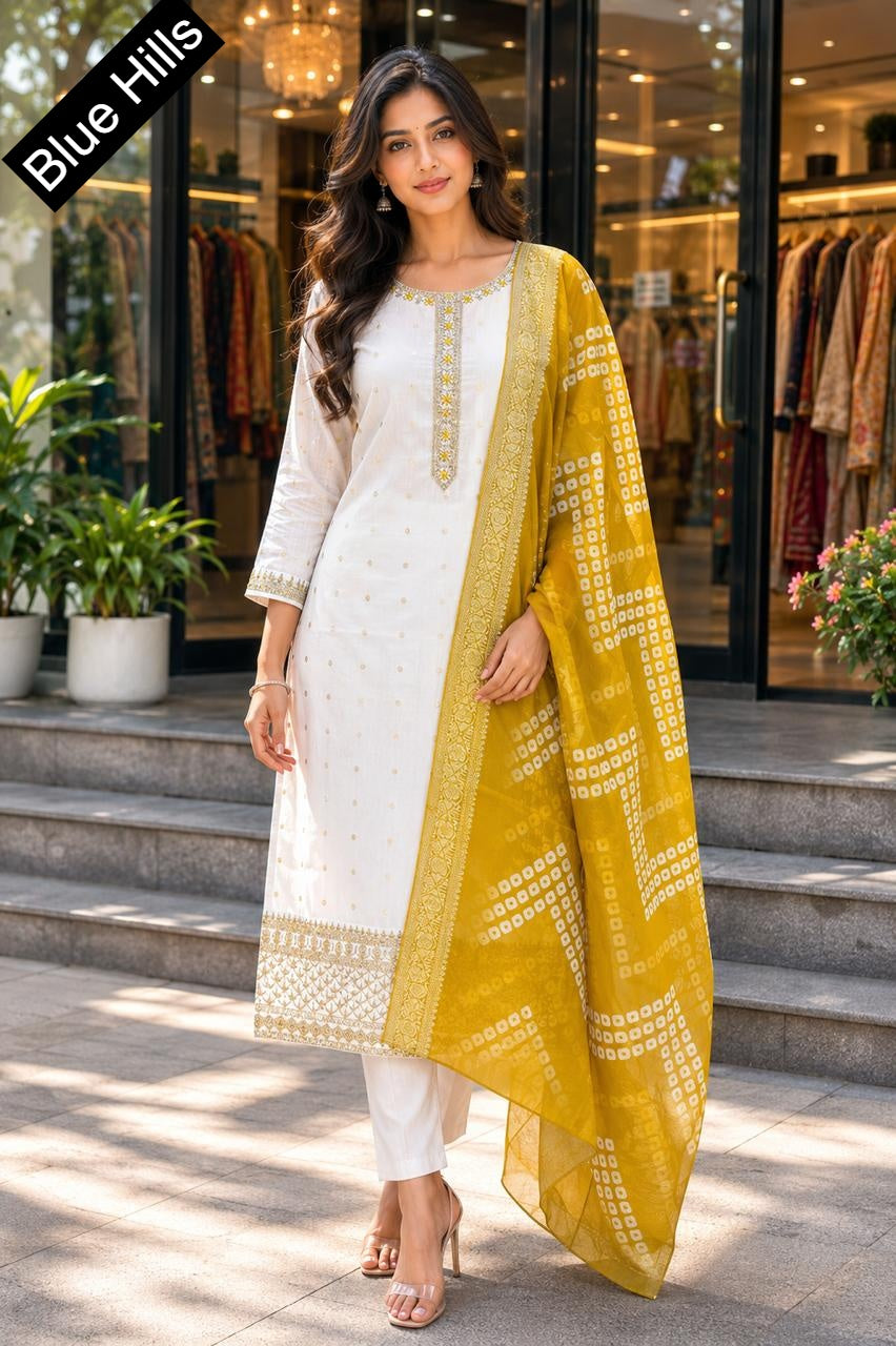 Diwali Day Blue Hills Chanderi Readymade Pant Style Suits Wholesaler Gujarat