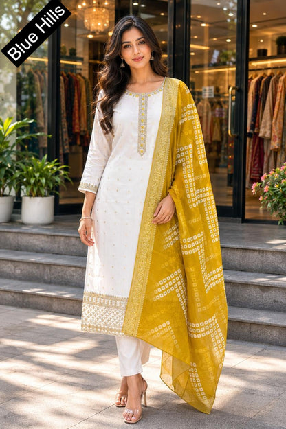 Diwali Day Blue Hills Chanderi Readymade Pant Style Suits Wholesaler Gujarat