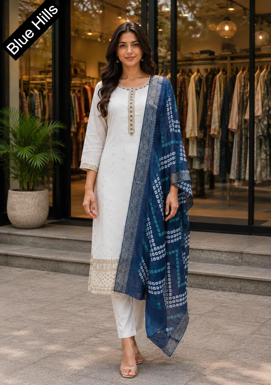 Diwali Day Blue Hills Chanderi Readymade Pant Style Suits Wholesaler Gujarat