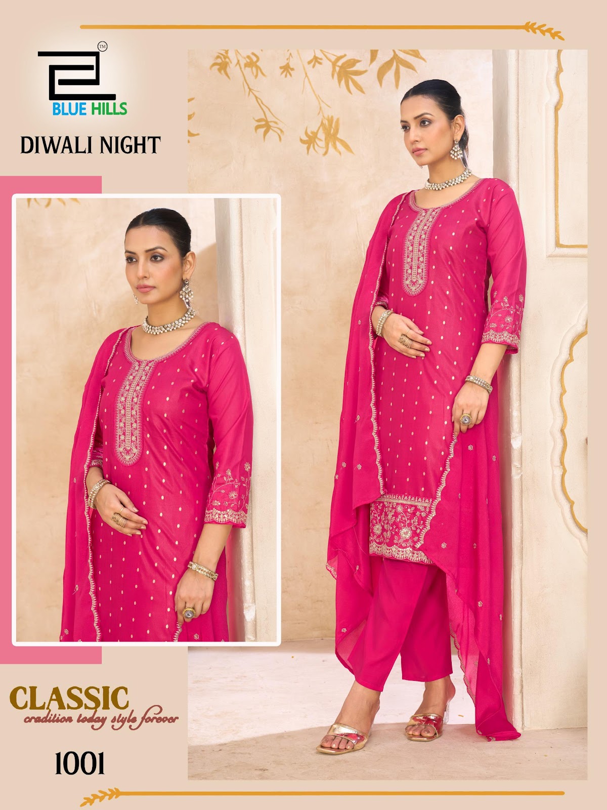 Diwali Night Blue Hills Chanderi Readymade Pant Style Suits Wholesaler India