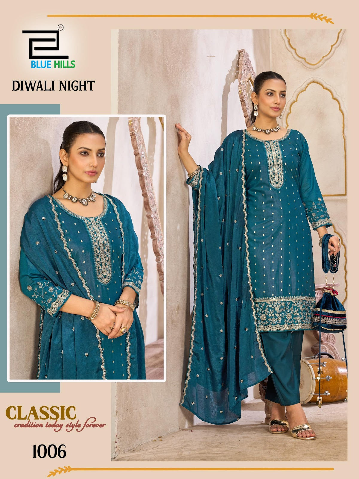 Diwali Night Blue Hills Chanderi Readymade Pant Style Suits Wholesaler India
