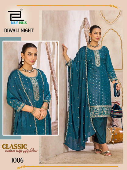 Diwali Night Blue Hills Chanderi Readymade Pant Style Suits Wholesaler India