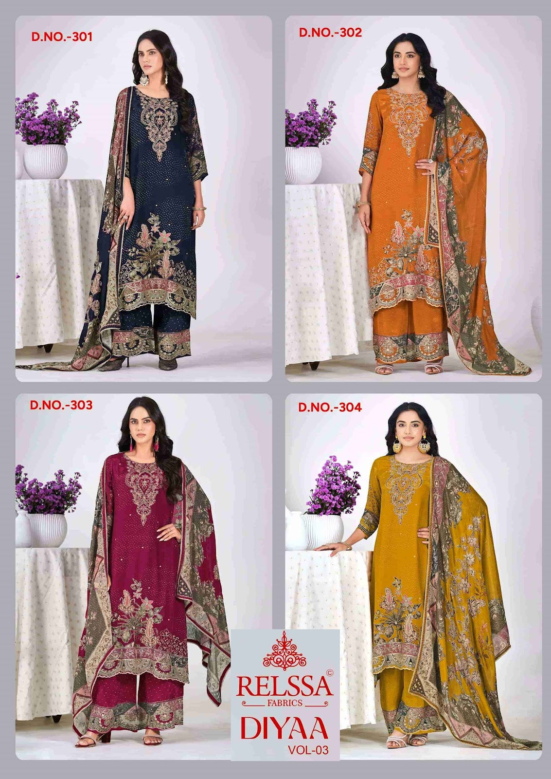 Diyaa Vol 3 Relssa Fabrics Natural Crape Pant Style Suits Wholesale Price