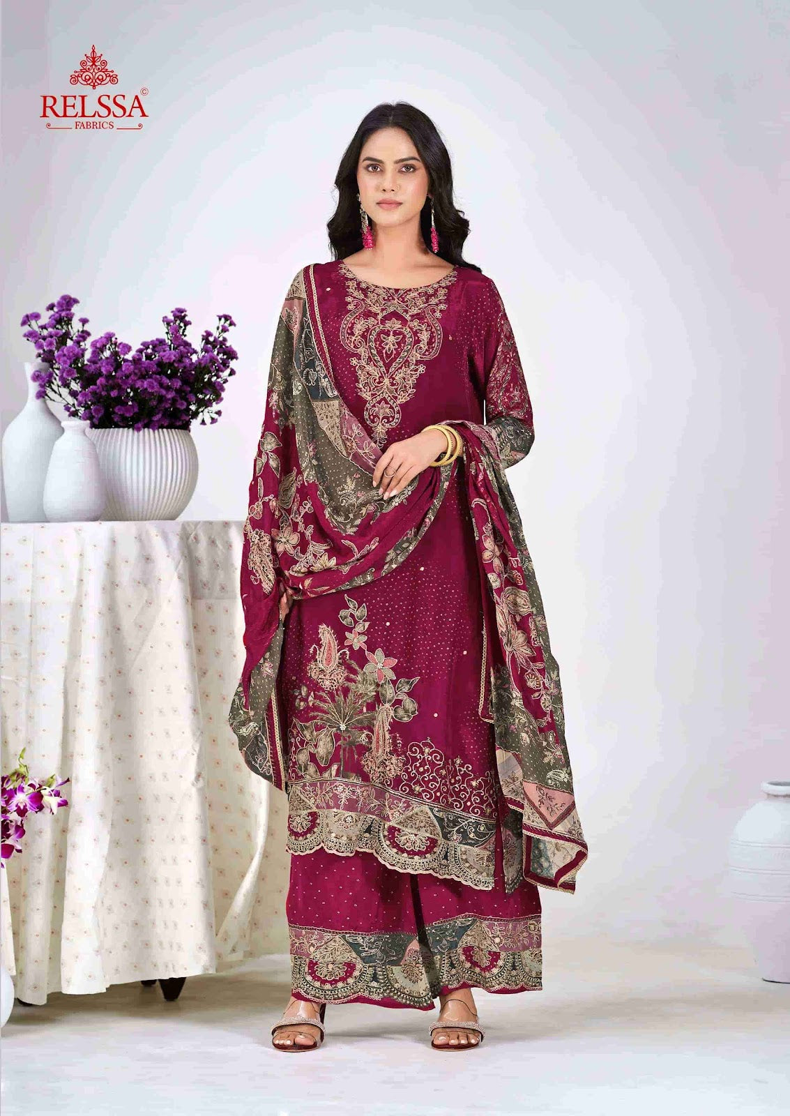 Diyaa Vol 3 Relssa Fabrics Natural Crape Pant Style Suits Wholesale Price