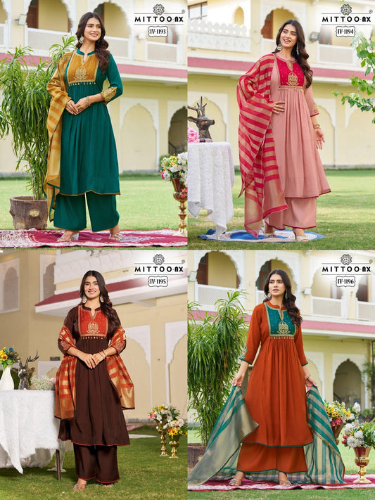 Iv 1193-1196 Mittoo Chanderi Readymade Anarkali Suits Wholesaler Gujarat