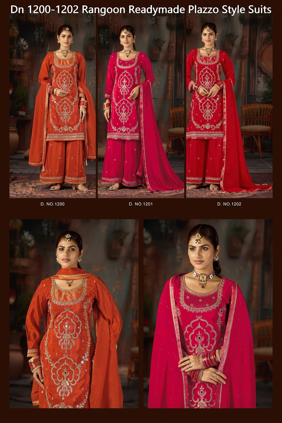 Dn 1200-1202 Rangoon Crepe Readymade Plazzo Style Suits Manufacturer India