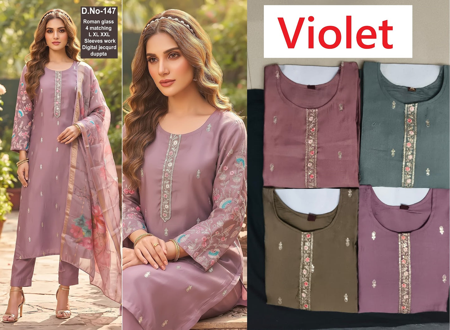 Dn 144-147 Violet Roman Readymade Pant Style Suits Exporter Ahmedabad